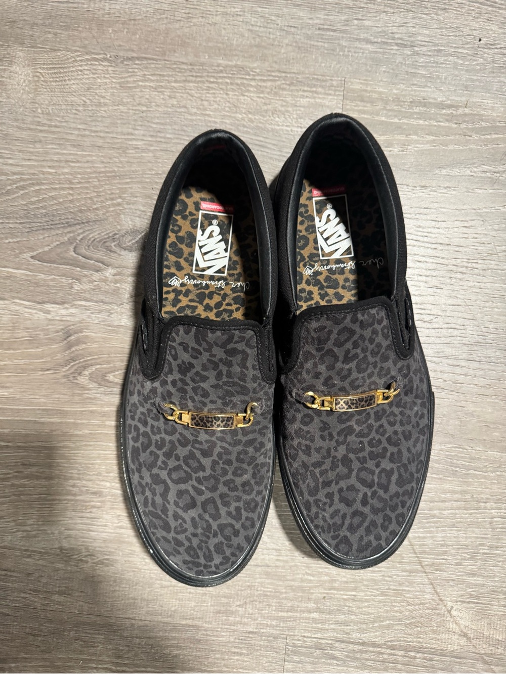 Vans Men’s Black Gray Leopard Slip-On Loafers with Gold Accent